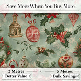 Vintage Christmas Baubles Holly Berries Candy Cane and Snowflakes  Digital Print Fabric by the Metre UK Sewing Quilting Textile