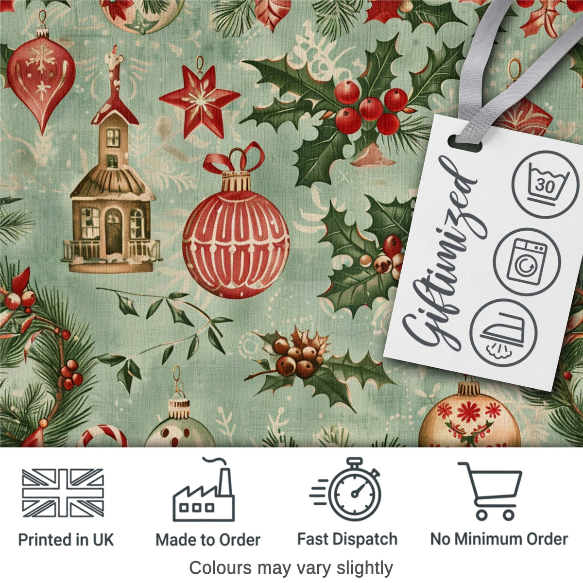Vintage Christmas Baubles Holly Berries Candy Cane and Snowflakes  Digital Print Fabric by the Metre UK Sewing Quilting Textile