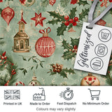 Vintage Christmas Baubles Holly Berries Candy Cane and Snowflakes  Digital Print Fabric by the Metre UK Sewing Quilting Textile