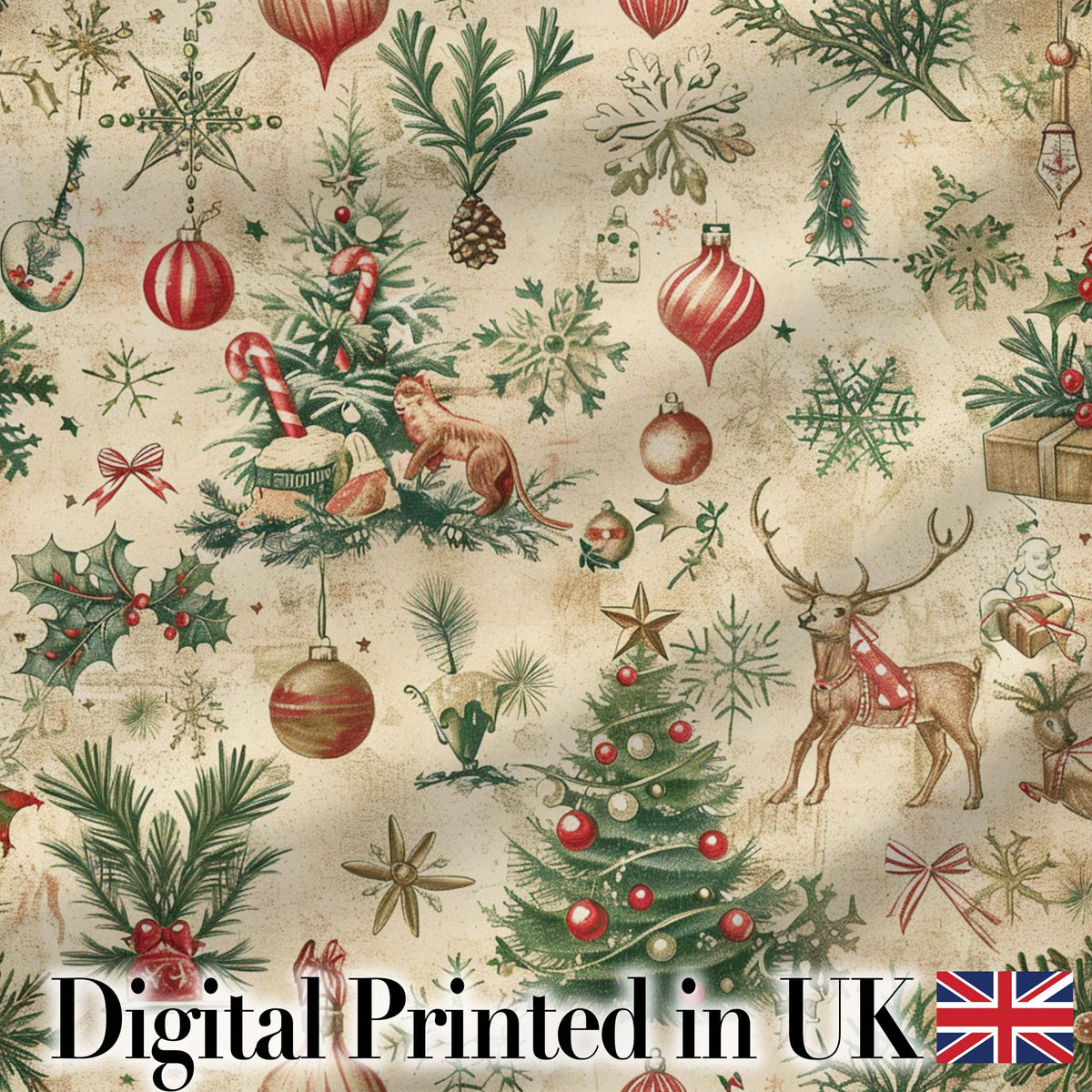 Vintage Woodland Christmas Tree Deer Fox Ornaments and Snowflakes  Digital Print Fabric by the Metre UK Sewing Quilting Textile
