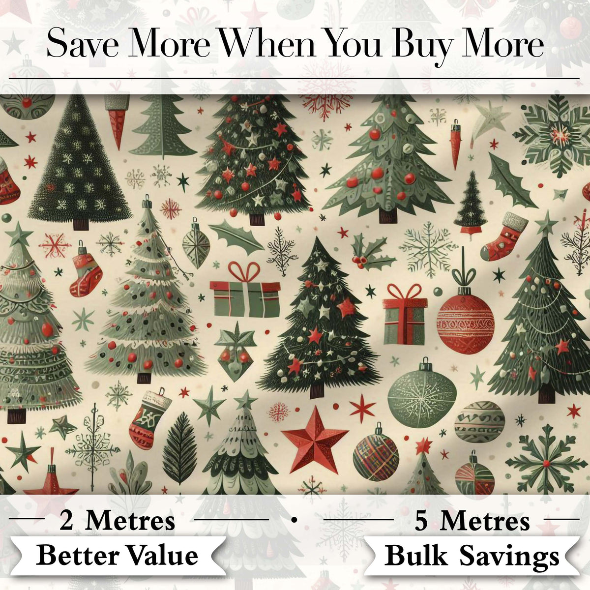 Festive Christmas Trees Gifts Snowflakes and Ornaments Seamless Pattern Digital Print Fabric by the Metre UK Sewing Quilting Textile