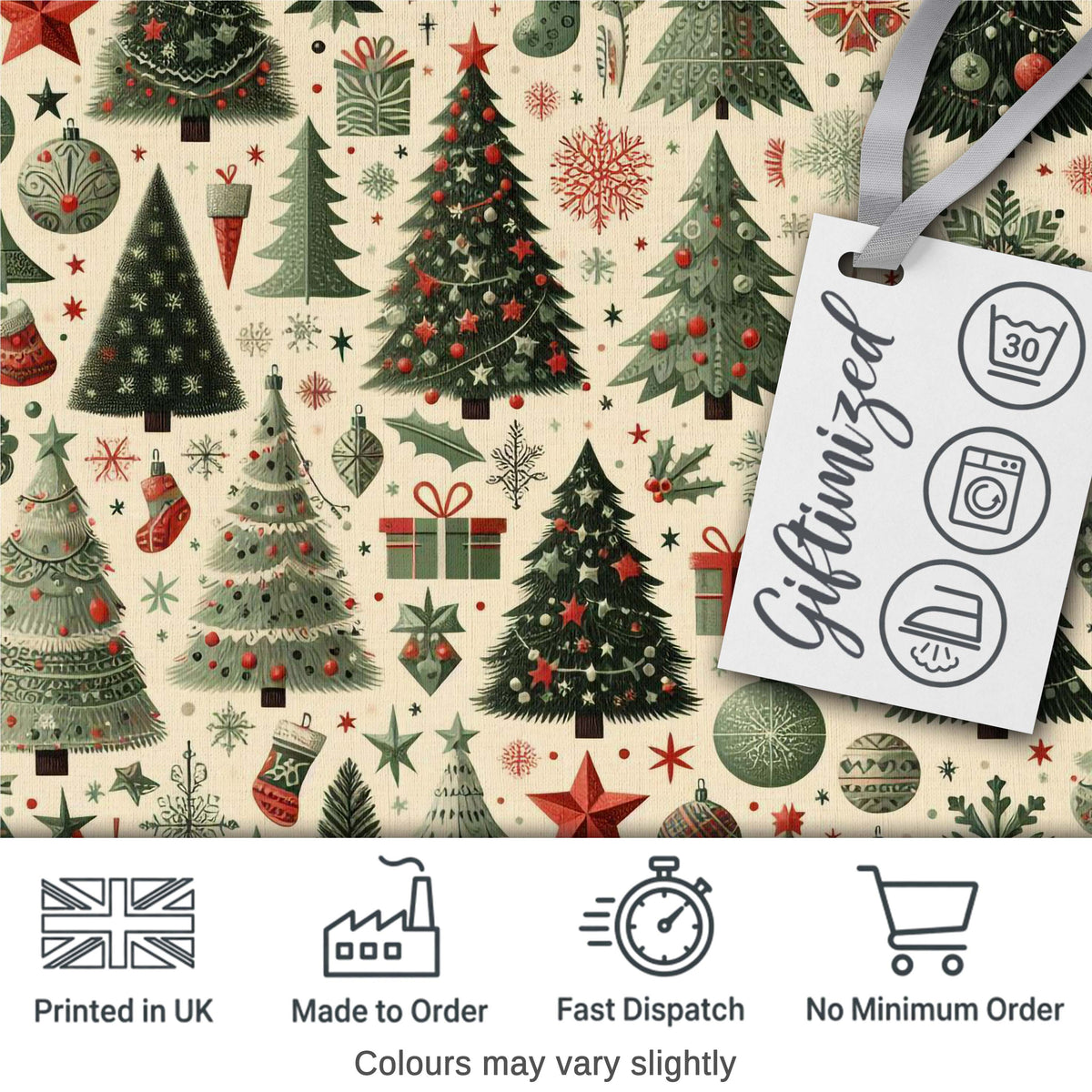 Festive Christmas Trees Gifts Snowflakes and Ornaments Seamless Pattern Digital Print Fabric by the Metre UK Sewing Quilting Textile