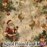Rustic Santa Claus Christmas Pine Branches Baubles Vintage Holiday  Digital Print Fabric by the Metre UK Sewing Quilting Textile