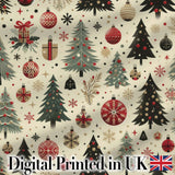 Scandinavian Christmas Trees Baubles Snowflakes Nordic Seamless Pattern Digital Print Fabric by the Metre UK Sewing Quilting Textile