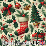 Festive Christmas Stocking Gifts Bells Holly Leaves Seamless Pattern Digital Print Fabric by the Metre UK Sewing Quilting Textile