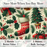 Festive Christmas Stocking Gifts Bells Holly Leaves Seamless Pattern Digital Print Fabric by the Metre UK Sewing Quilting Textile