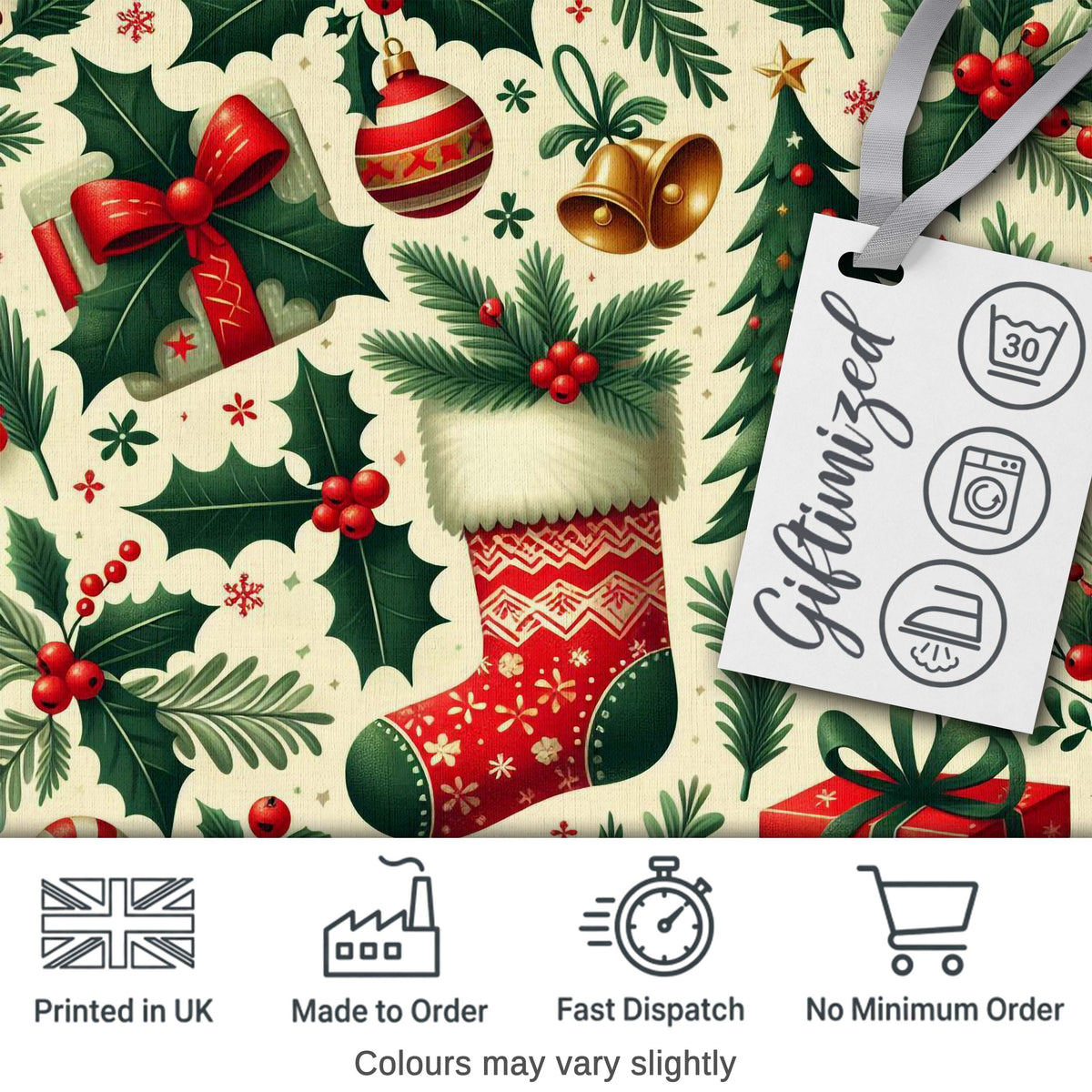 Festive Christmas Stocking Gifts Bells Holly Leaves Seamless Pattern Digital Print Fabric by the Metre UK Sewing Quilting Textile