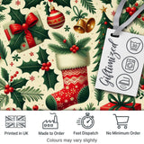 Festive Christmas Stocking Gifts Bells Holly Leaves Seamless Pattern Digital Print Fabric by the Metre UK Sewing Quilting Textile