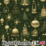 Luxury Gold Christmas Ornaments Lantern Stars Dark Green Seamless Pattern Digital Print Fabric by the Metre UK Sewing Quilting Textile