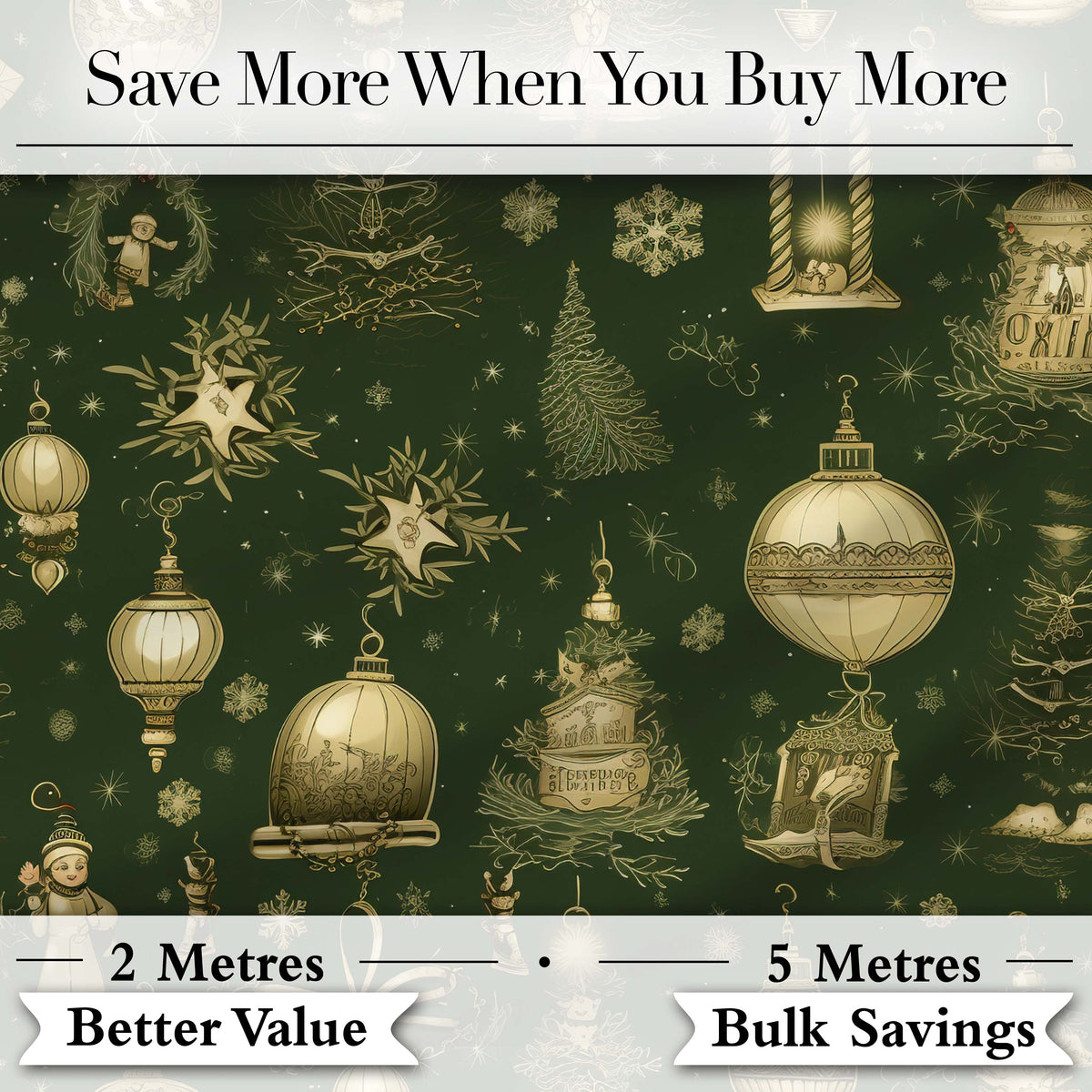 Luxury Gold Christmas Ornaments Lantern Stars Dark Green Seamless Pattern Digital Print Fabric by the Metre UK Sewing Quilting Textile