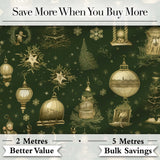Luxury Gold Christmas Ornaments Lantern Stars Dark Green Seamless Pattern Digital Print Fabric by the Metre UK Sewing Quilting Textile