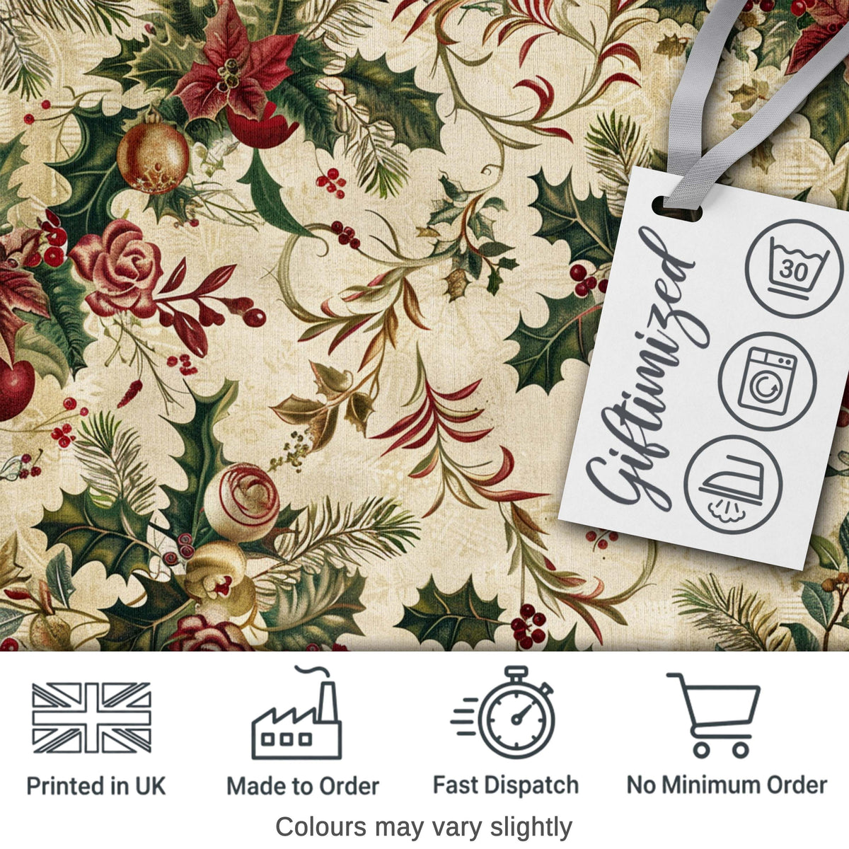 Classic Christmas Floral Holly Berries Pine Leaves Vintage Seamless Pattern Digital Print Fabric by the Metre UK Sewing Quilting Textile