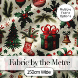 Festive Christmas Gifts Stockings Holly Leaves Bells Seamless Pattern Digital Print Fabric by the Metre UK Sewing Quilting Textile
