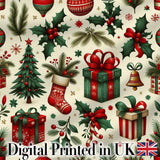 Festive Christmas Gifts Stockings Holly Leaves Bells Seamless Pattern Digital Print Fabric by the Metre UK Sewing Quilting Textile