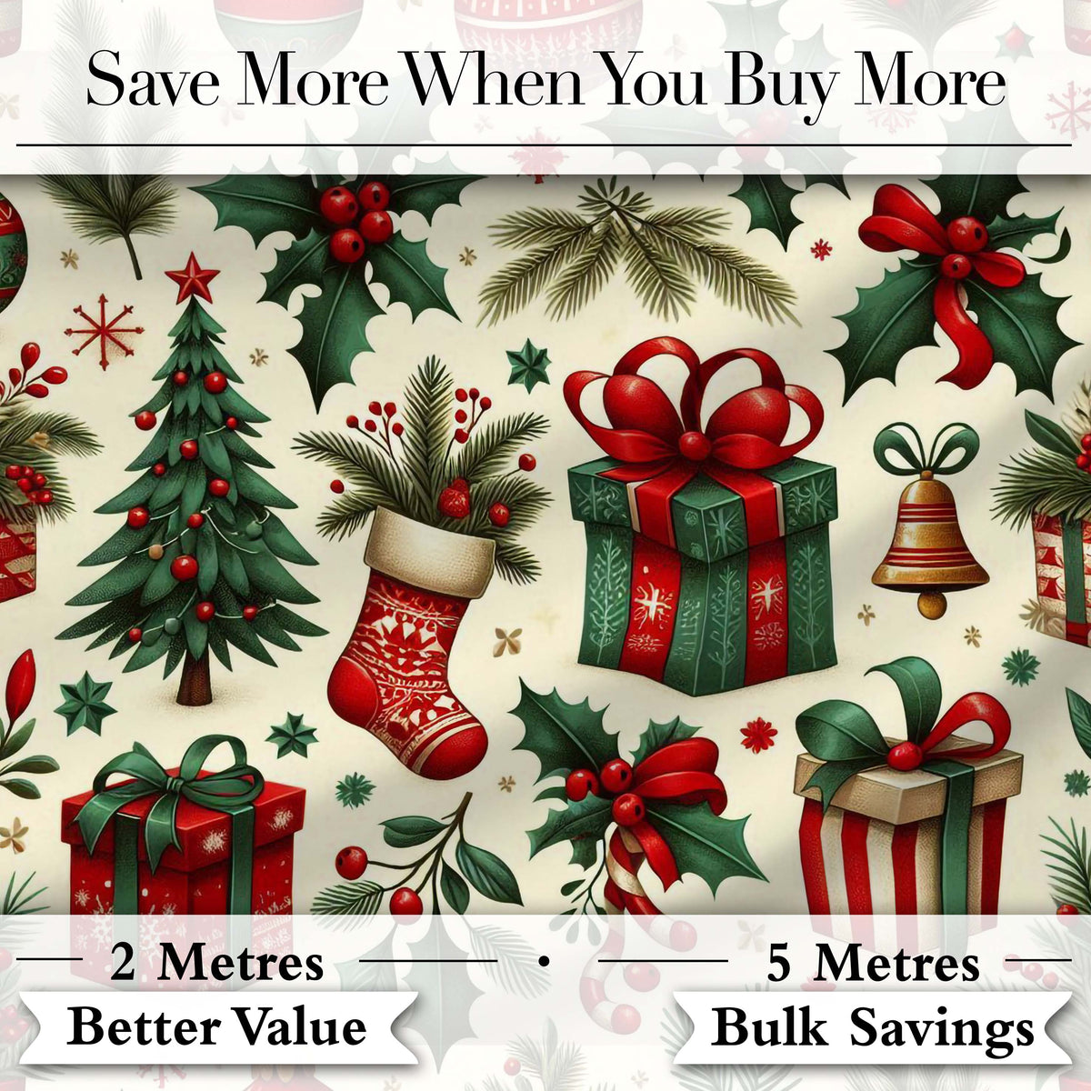 Festive Christmas Gifts Stockings Holly Leaves Bells Seamless Pattern Digital Print Fabric by the Metre UK Sewing Quilting Textile