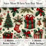 Festive Christmas Gifts Stockings Holly Leaves Bells Seamless Pattern Digital Print Fabric by the Metre UK Sewing Quilting Textile
