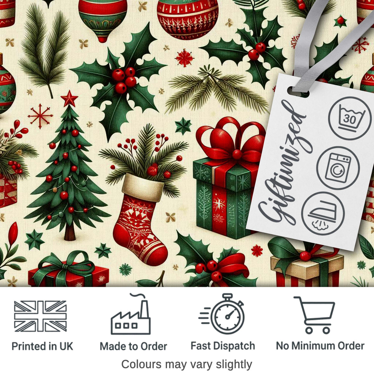 Festive Christmas Gifts Stockings Holly Leaves Bells Seamless Pattern Digital Print Fabric by the Metre UK Sewing Quilting Textile