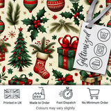 Festive Christmas Gifts Stockings Holly Leaves Bells Seamless Pattern Digital Print Fabric by the Metre UK Sewing Quilting Textile