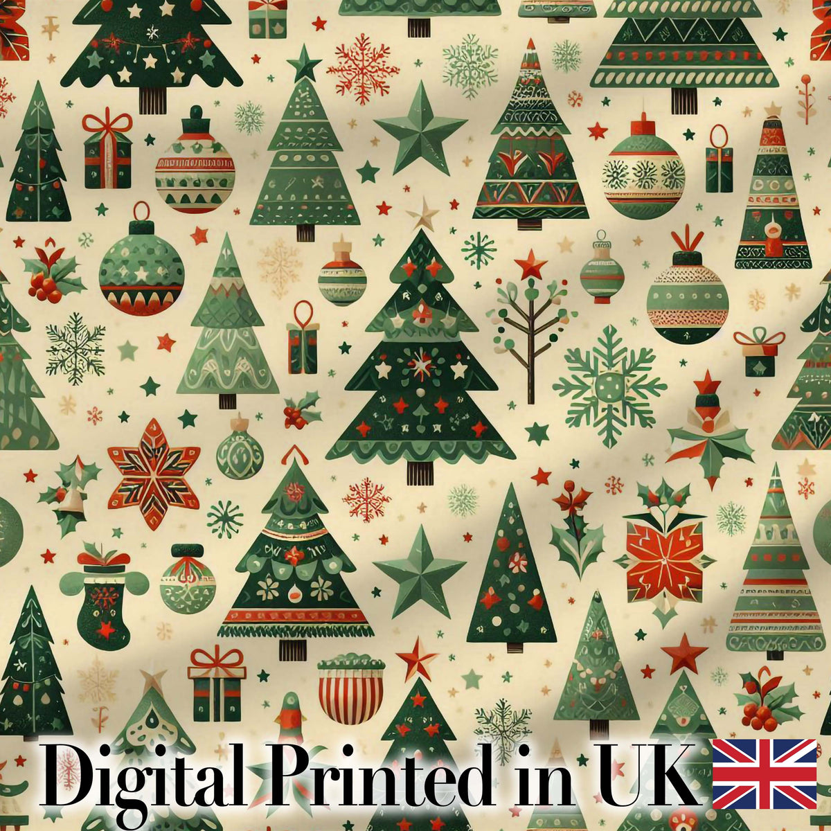 Scandinavian Christmas Trees Ornaments Nordic Style Seamless Pattern Digital Print Fabric by the Metre UK Sewing Quilting Textile