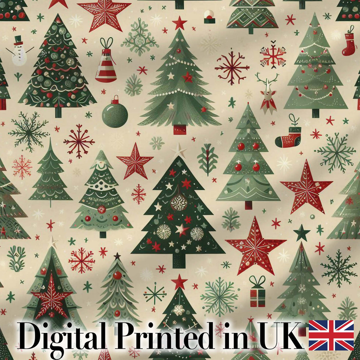 Christmas Trees Stars Snowflakes Holiday Seamless Pattern Digital Print Fabric by the Metre UK Sewing Quilting Textile