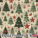 Christmas Trees Stars Snowflakes Holiday Seamless Pattern Digital Print Fabric by the Metre UK Sewing Quilting Textile