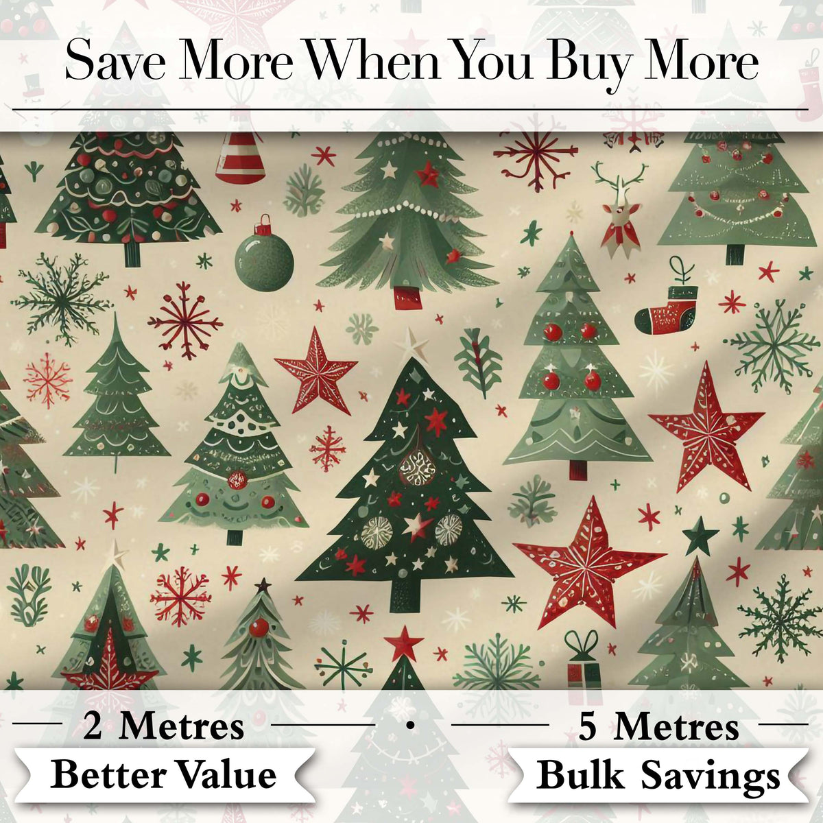 Christmas Trees Stars Snowflakes Holiday Seamless Pattern Digital Print Fabric by the Metre UK Sewing Quilting Textile