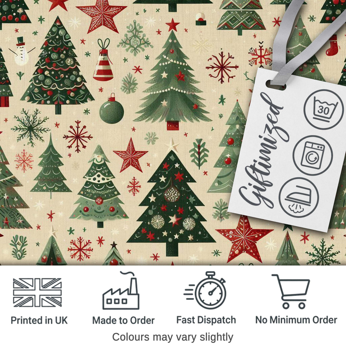 Christmas Trees Stars Snowflakes Holiday Seamless Pattern Digital Print Fabric by the Metre UK Sewing Quilting Textile