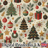 Vintage Christmas Trees Gifts Baubles Candy Cane Festive Seamless Pattern Digital Print Fabric by the Metre UK Sewing Quilting Textile