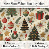 Vintage Christmas Trees Gifts Baubles Candy Cane Festive Seamless Pattern Digital Print Fabric by the Metre UK Sewing Quilting Textile