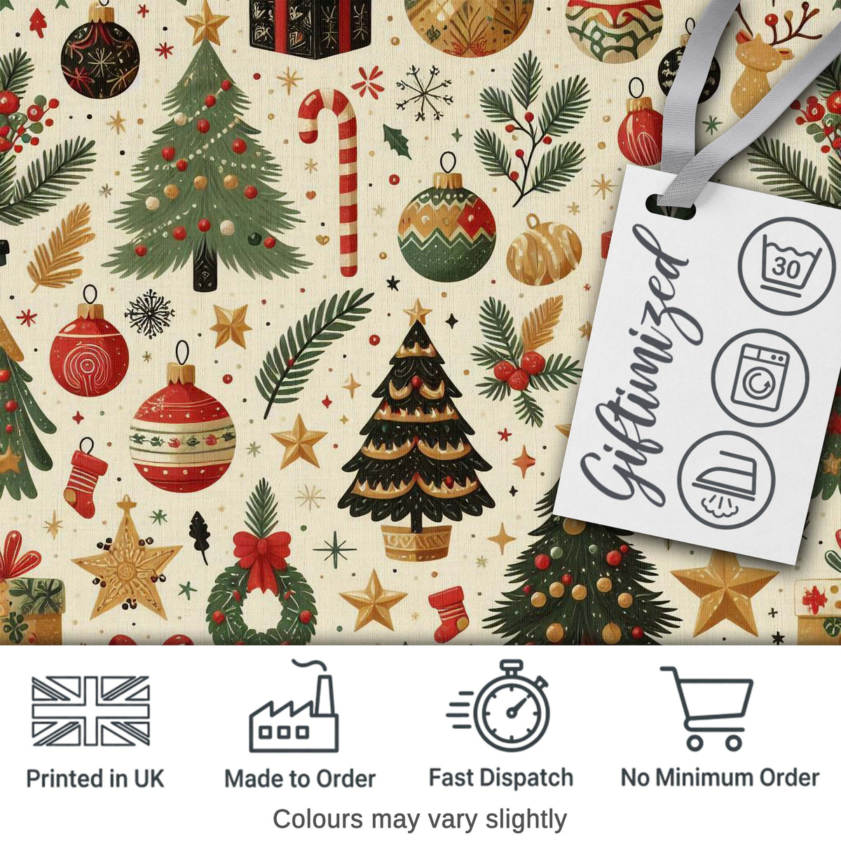 Vintage Christmas Trees Gifts Baubles Candy Cane Festive Seamless Pattern Digital Print Fabric by the Metre UK Sewing Quilting Textile