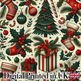Festive Christmas Tree Holly Berries Stockings Candy Cane Seamless Pattern Digital Print Fabric by the Metre UK Sewing Quilting Textile