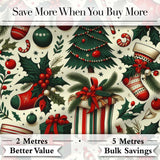 Festive Christmas Tree Holly Berries Stockings Candy Cane Seamless Pattern Digital Print Fabric by the Metre UK Sewing Quilting Textile