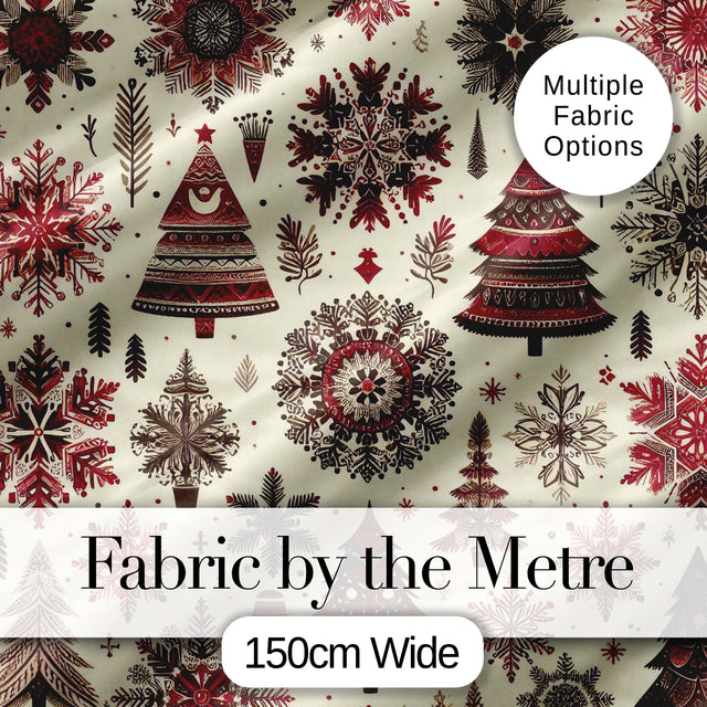 Red Black Nordic Christmas Trees Snowflakes Winter Seamless Pattern Digital Print Fabric by the Metre UK Sewing Quilting Textile