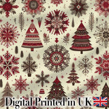 Red Black Nordic Christmas Trees Snowflakes Winter Seamless Pattern Digital Print Fabric by the Metre UK Sewing Quilting Textile