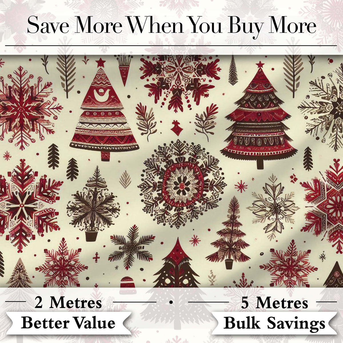 Red Black Nordic Christmas Trees Snowflakes Winter Seamless Pattern Digital Print Fabric by the Metre UK Sewing Quilting Textile