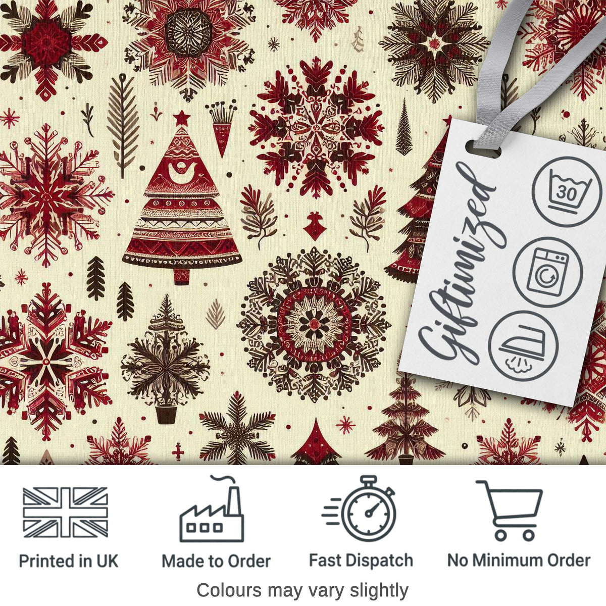 Red Black Nordic Christmas Trees Snowflakes Winter Seamless Pattern Digital Print Fabric by the Metre UK Sewing Quilting Textile