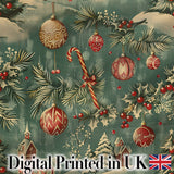 Classic Christmas Ornaments Holly Candy Cane Pine Branch Seamless Pattern Digital Print Fabric by the Metre UK Sewing Quilting Textile