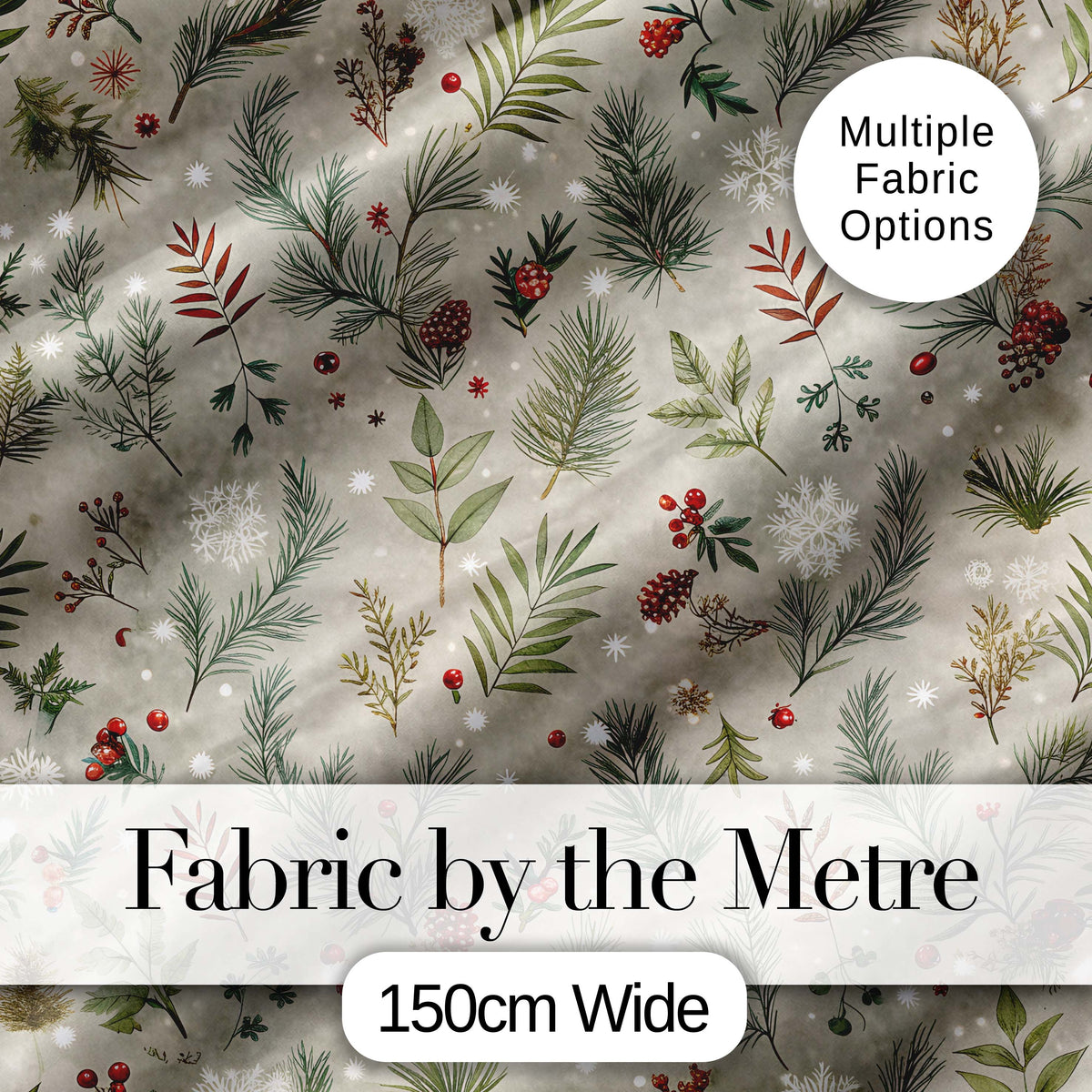 Minimal Winter Botanical Pine Branch Berries Seamless Pattern Digital Print Fabric by the Metre UK Sewing Quilting Textile