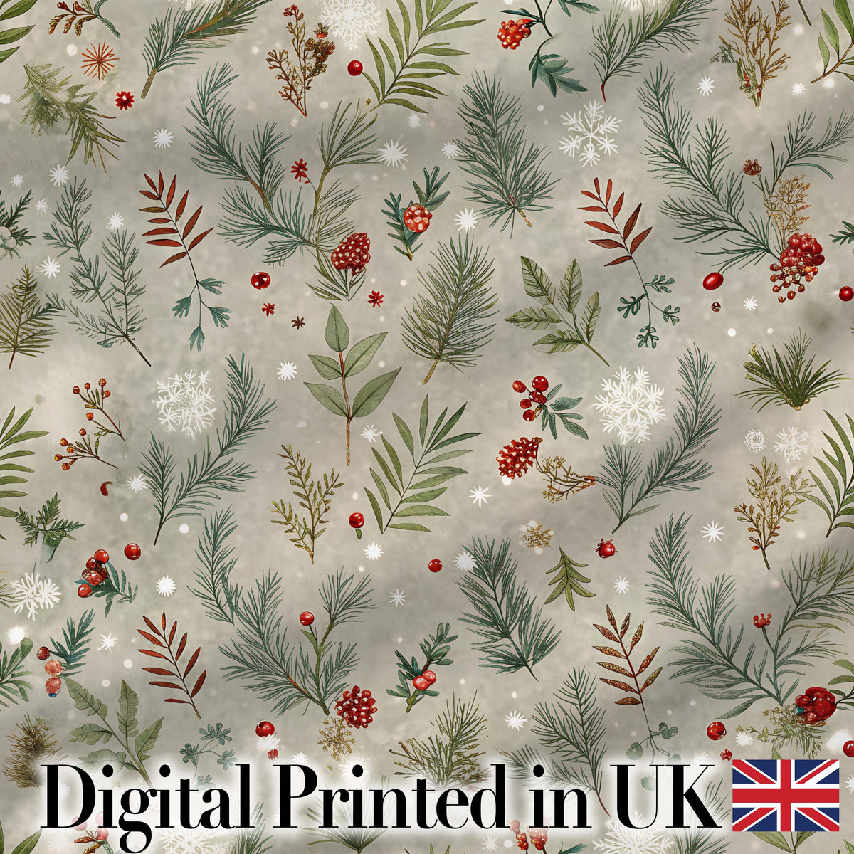 Minimal Winter Botanical Pine Branch Berries Seamless Pattern Digital Print Fabric by the Metre UK Sewing Quilting Textile