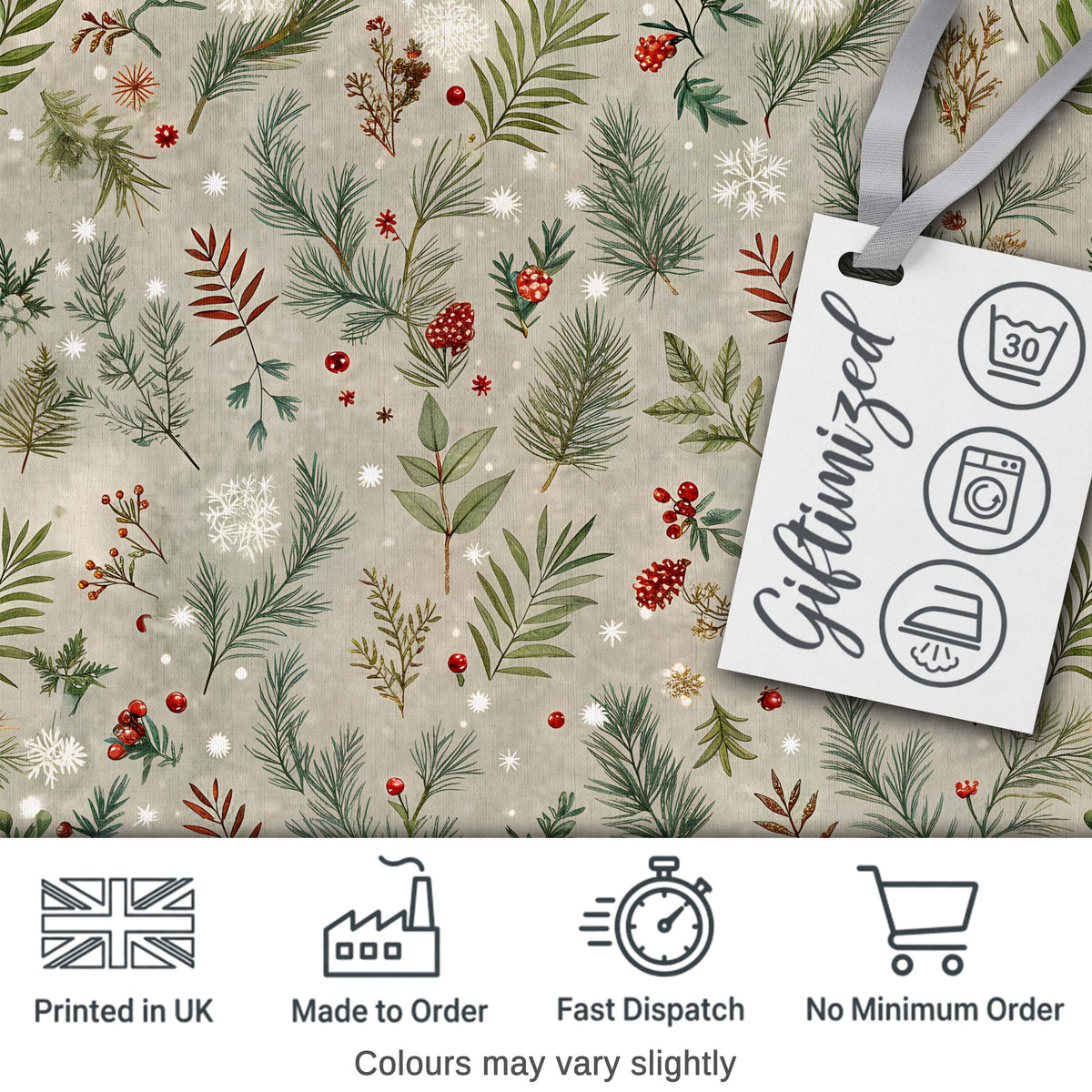 Minimal Winter Botanical Pine Branch Berries Seamless Pattern Digital Print Fabric by the Metre UK Sewing Quilting Textile