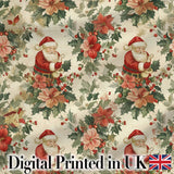 Vintage Santa Claus Holly Leaves Floral Christmas Seamless Pattern Digital Print Fabric by the Metre UK Sewing Quilting Textile