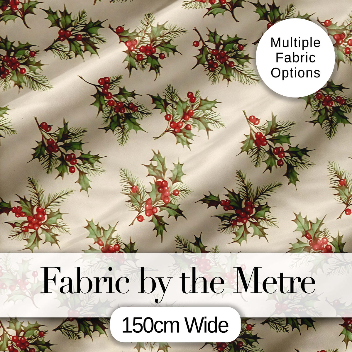 Watercolor Holly Berries Green Leaves Minimal Seamless Pattern Digital Print Fabric by the Metre UK Sewing Quilting Textile