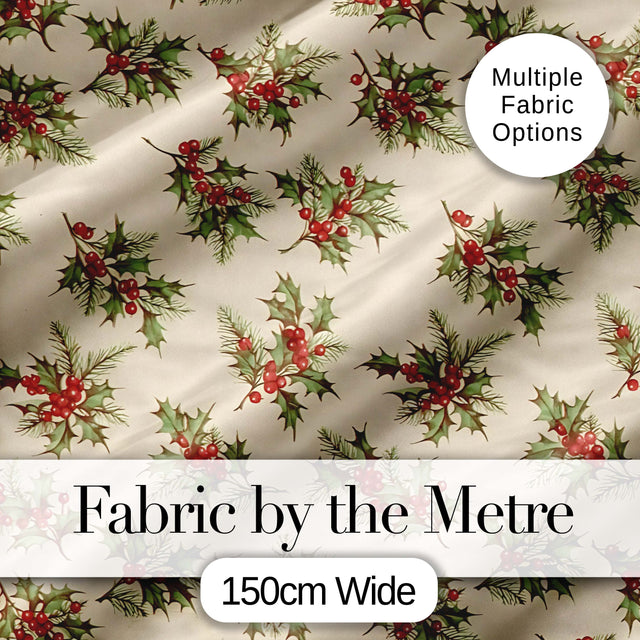 Watercolor Holly Berries Green Leaves Minimal Seamless Pattern Digital Print Fabric by the Metre UK Sewing Quilting Textile