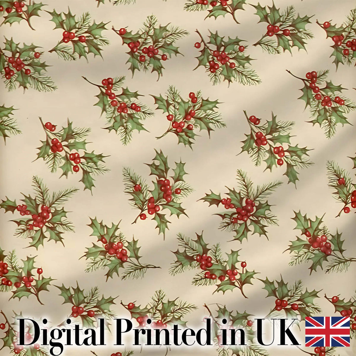 Watercolor Holly Berries Green Leaves Minimal Seamless Pattern Digital Print Fabric by the Metre UK Sewing Quilting Textile