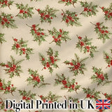 Watercolor Holly Berries Green Leaves Minimal Seamless Pattern Digital Print Fabric by the Metre UK Sewing Quilting Textile