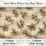 Watercolor Holly Berries Green Leaves Minimal Seamless Pattern Digital Print Fabric by the Metre UK Sewing Quilting Textile