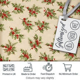 Watercolor Holly Berries Green Leaves Minimal Seamless Pattern Digital Print Fabric by the Metre UK Sewing Quilting Textile