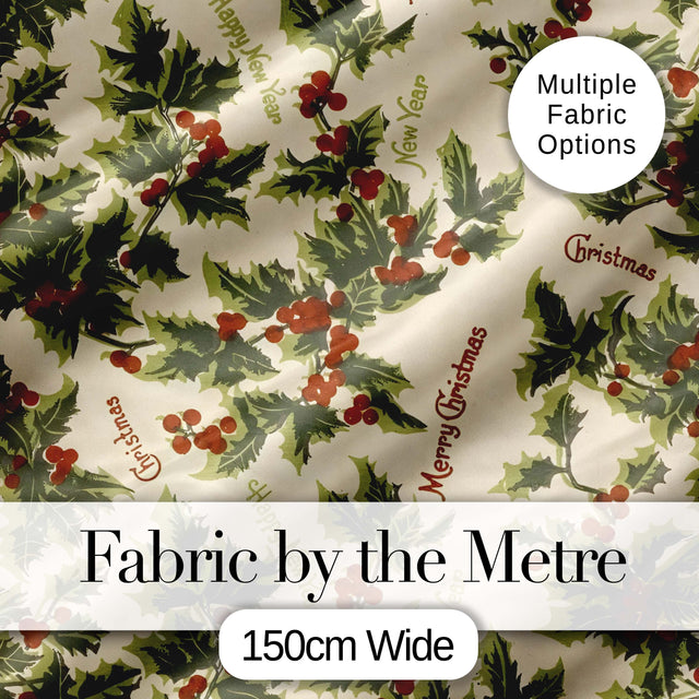 Festive Holly Berries Merry Christmas Text Seamless Pattern Digital Print Fabric by the Metre UK Sewing Quilting Textile