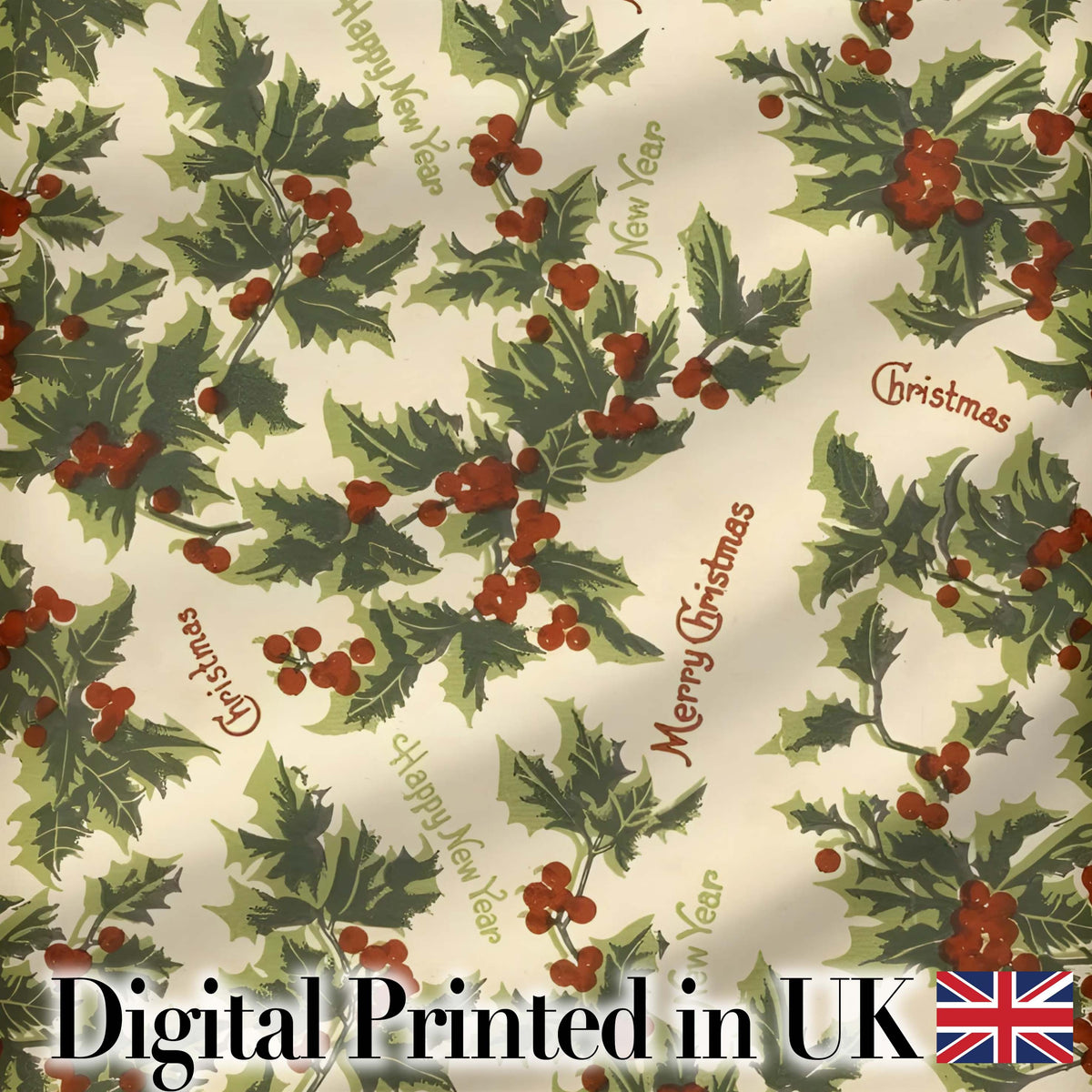 Festive Holly Berries Merry Christmas Text Seamless Pattern Digital Print Fabric by the Metre UK Sewing Quilting Textile