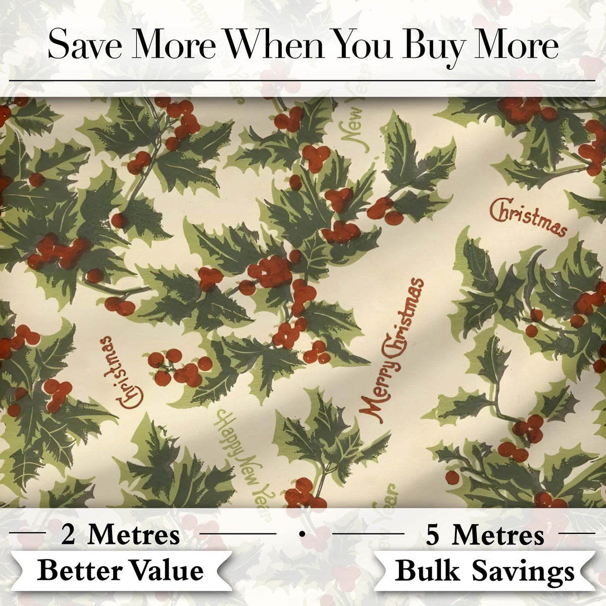 Festive Holly Berries Merry Christmas Text Seamless Pattern Digital Print Fabric by the Metre UK Sewing Quilting Textile